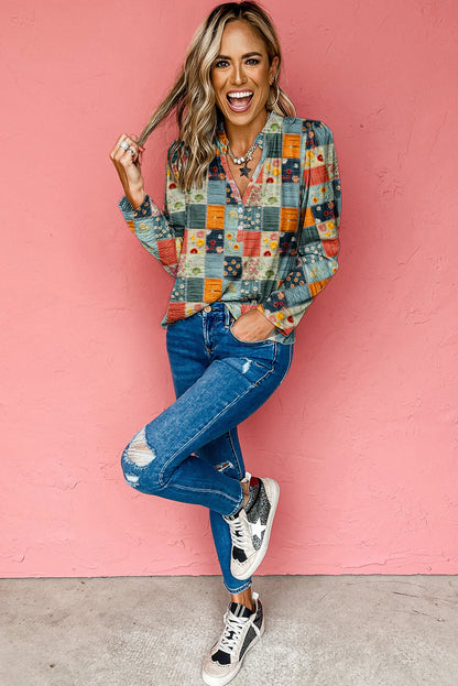 Sky Blue Checkered Floral Patchwork V Neck Blouse