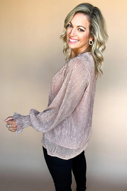 Light Pink V Neck Sequin Long Sleeve Blouse