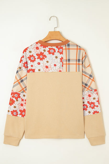 Parchment Floral Plaid Patchwork Henley Top